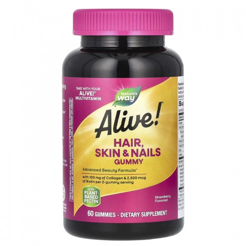 Nature's Way, Alive! Hair, Skin & Nails with Collagen & Biotin, Strawberry, 60 Gummies