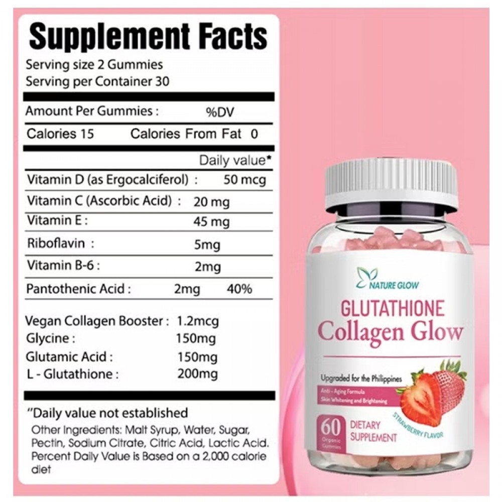 Collagen Glow, Anti-Aging Skin Whitening Vitamins, Strawberry Flavor