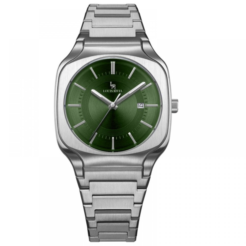 Louis Rivet 1206 men's silver watch with a green dial