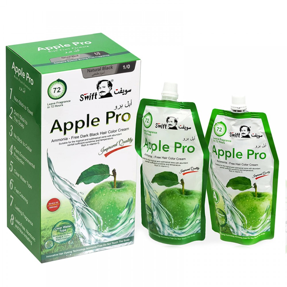 Swift Apple Pro Hair Dye, Creamy Formula with 100% Gray Hair Coverage, Shade 2/0 Deep Black, 500 ml.