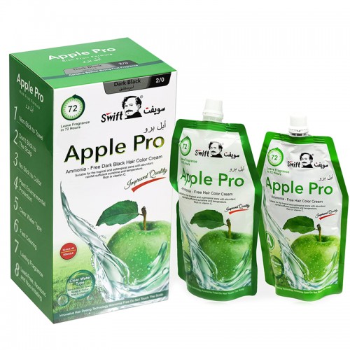 Swift Apple Pro Hair Dye Cream with 100% Gray Hair Coverage, Shade 2/0 Deep Black, 500 ml. Swift Apple Pro Hair Dye Cream with 100% Gray Hair Coverage, Shade 2/0 Deep Black, 500 ml.