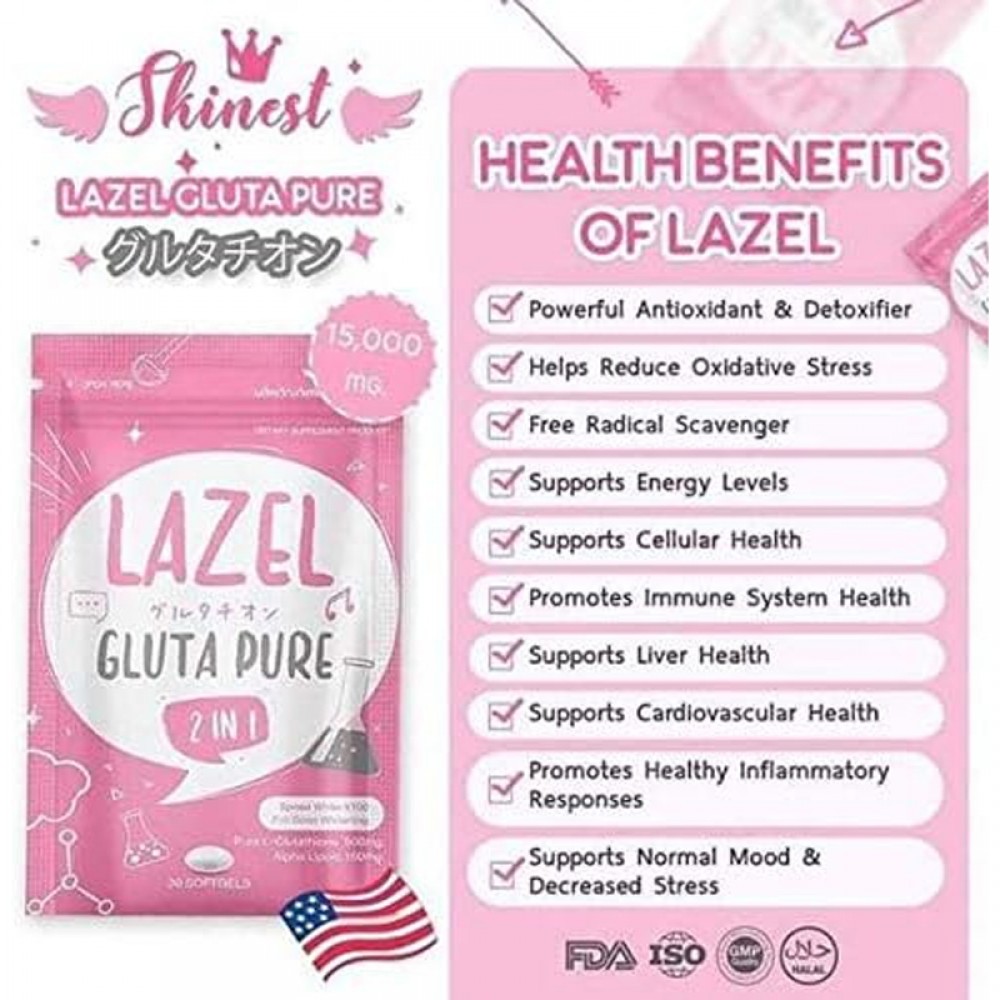 Lazel Gluta Pure Whitening Capsules 2-in-1, Full Dose with Glutathione 15,000 mg, Alpha Lipoic 3,000 mg – by Frozen Collagen