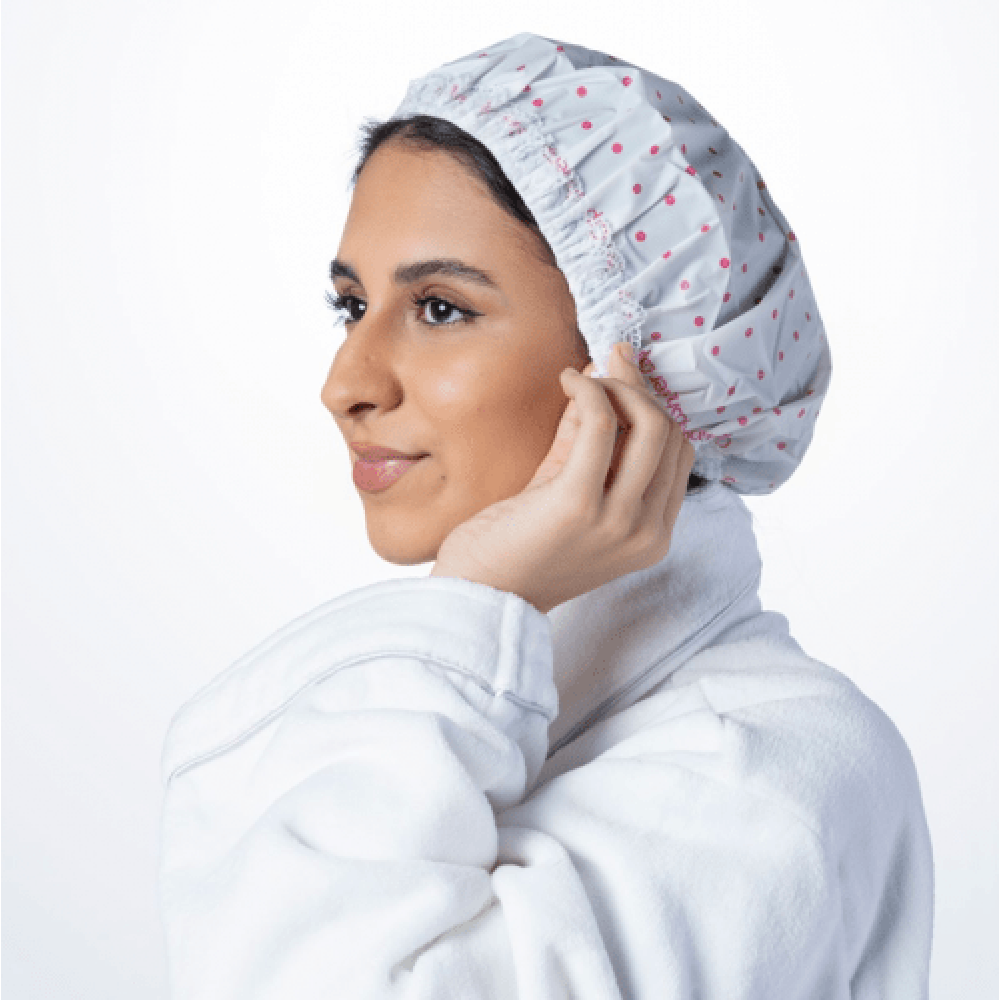 Hair shower cap - white dotted with pink - N-091