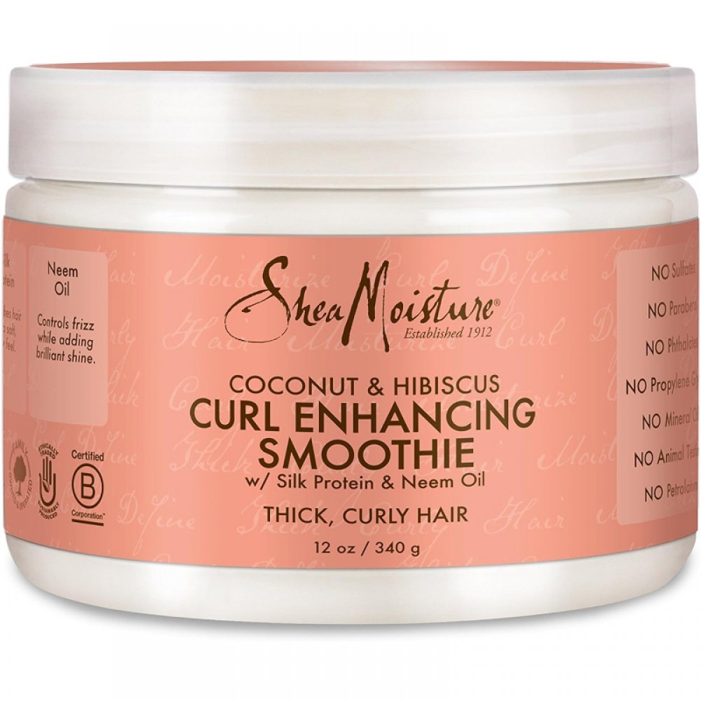 Shea Moisture Shampoo and Conditioner Set, Coconut and Hibiscus Curl & Shine 13-oz ea Bundled with Curl Enhancing Smoothie 12-oz. Curly Hair Products with Coconut Oil, Vitamin E & Neem Oil