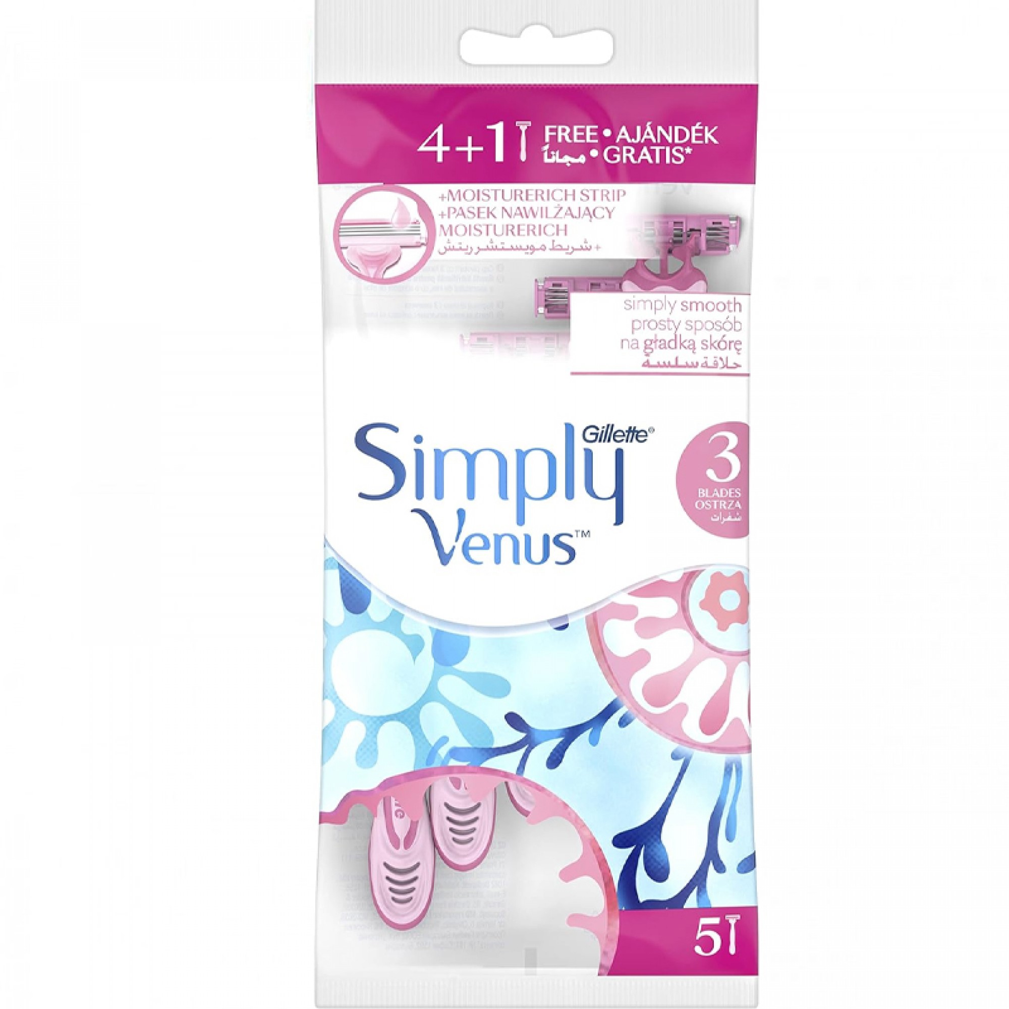 GILLETTE SIMPLY VENUS 3 BLADE DISPOSABLE RAZOR 4+1 5PCS