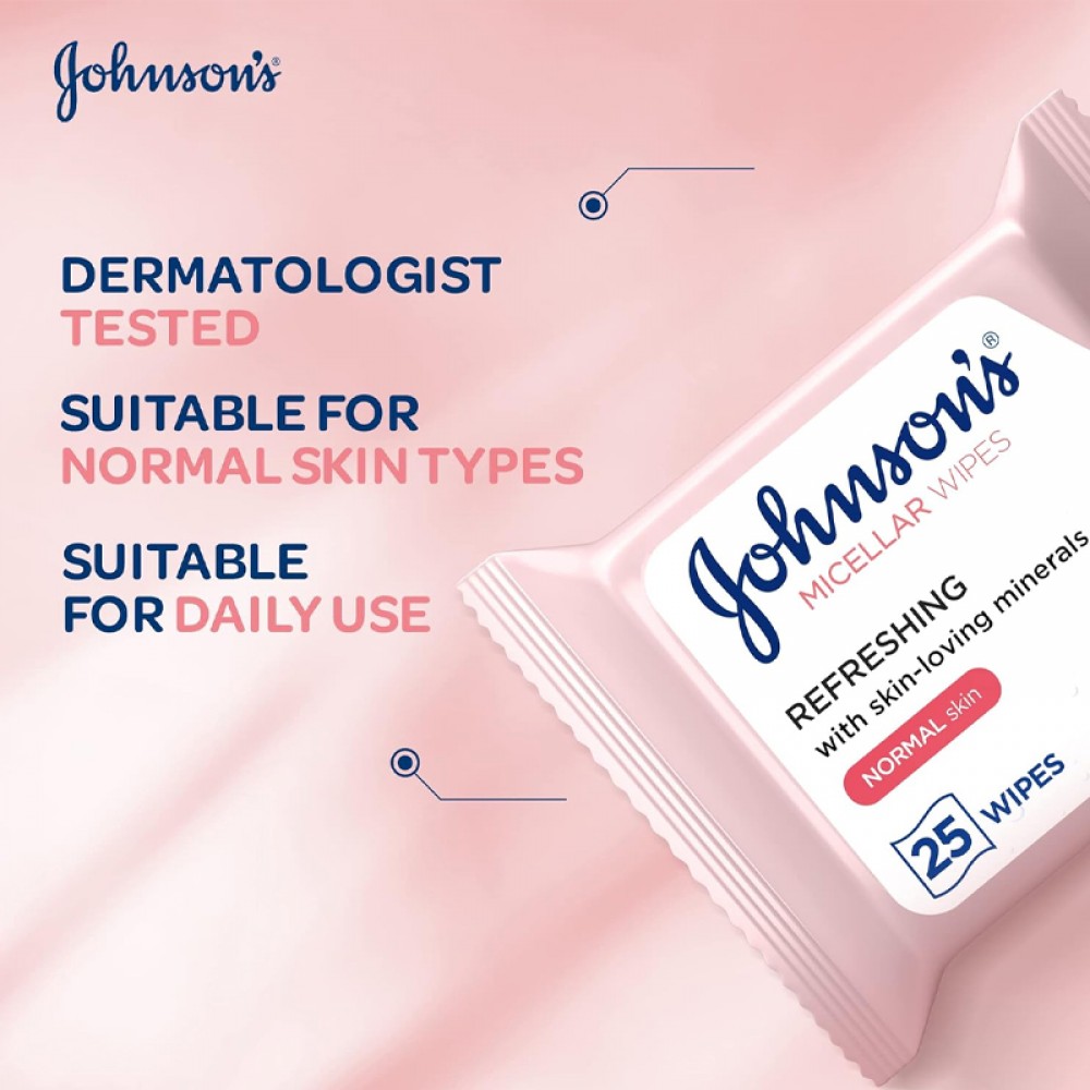 Johnson's Cleansing Facial Micellar Wipes, Refreshing, Normal Skin, Pack Of 25 Wipes