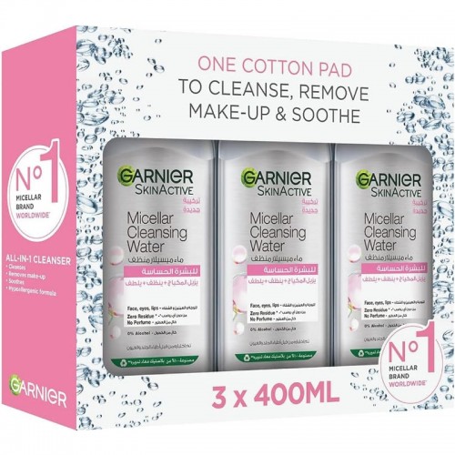 غسول وجه ومزيل مكياج ماء ميسيلار من جارنيه - 400 مل (3 زجاجات)