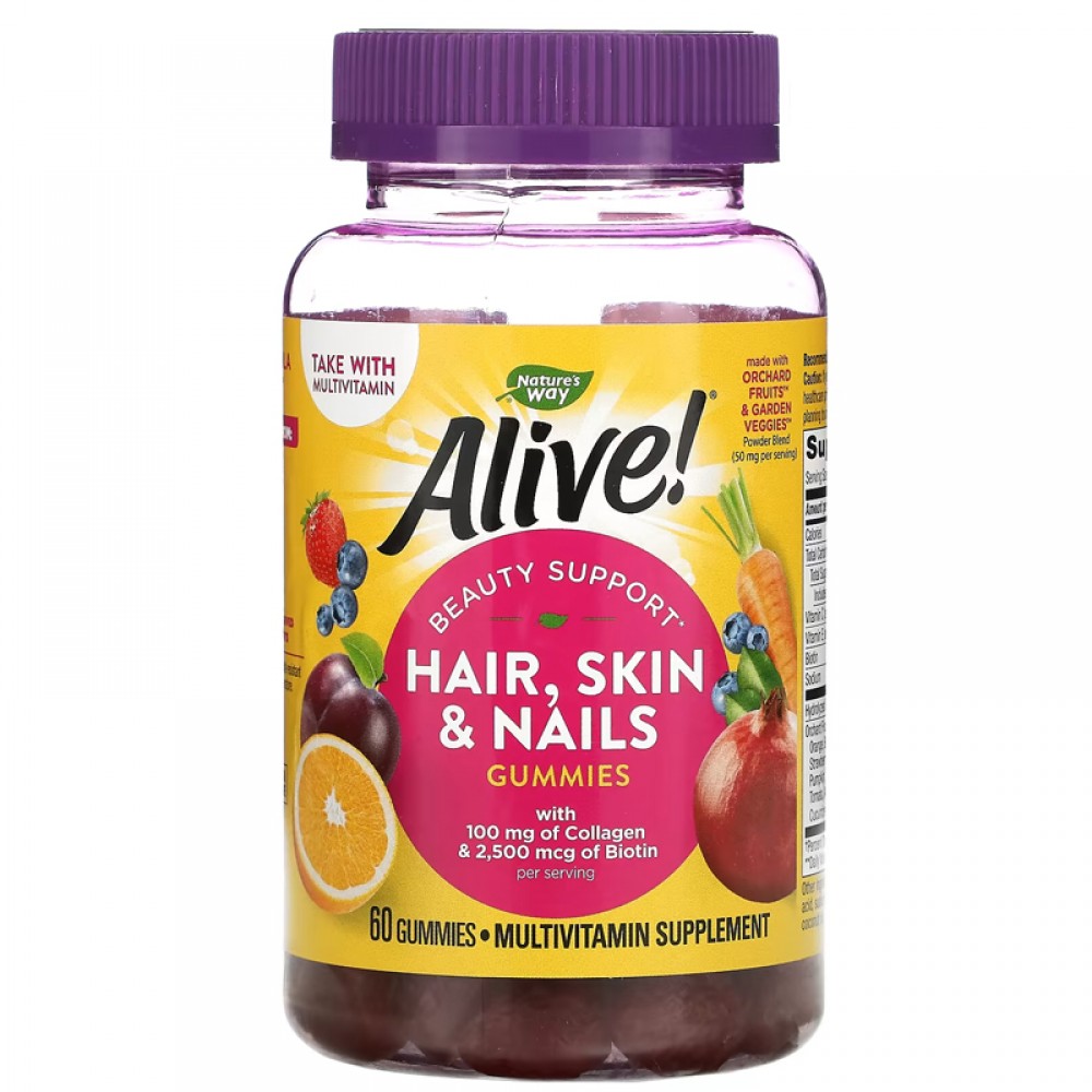 دعم صحة الشعر، والبشرة، والأظافر مع الكولاجين والبيوتين، الفراولة،ناتشرز واي‏, Alive!  60 علكة