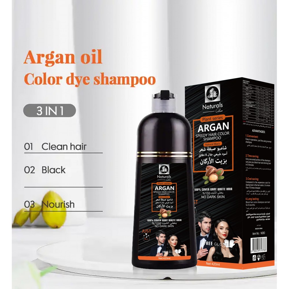 Natural black hair dye shampoo with argan oil, 420 ml