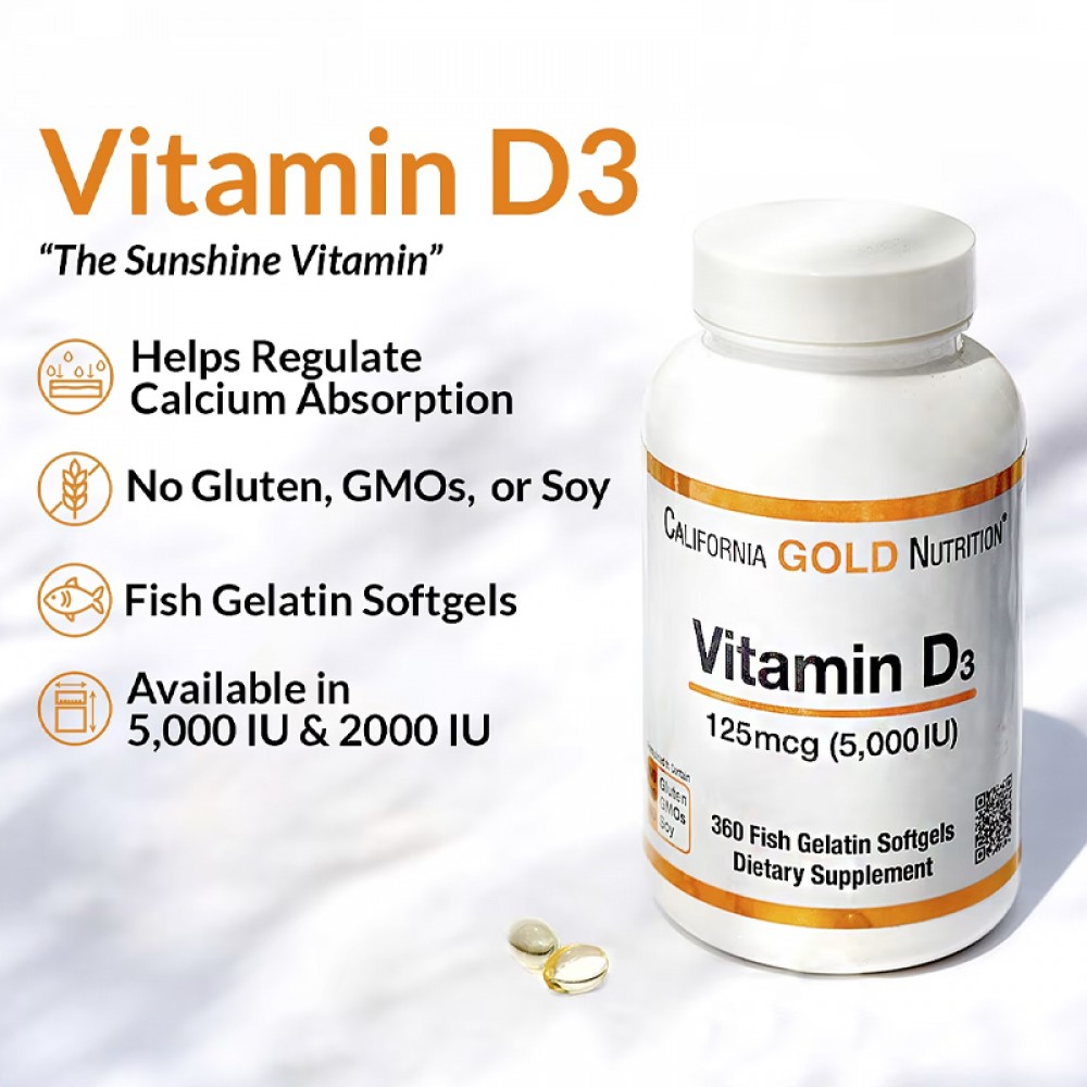 California Gold Nutrition, Vitamin D3, 125 mcg (5,000 IU), 90 Fish Gelatin Softgels