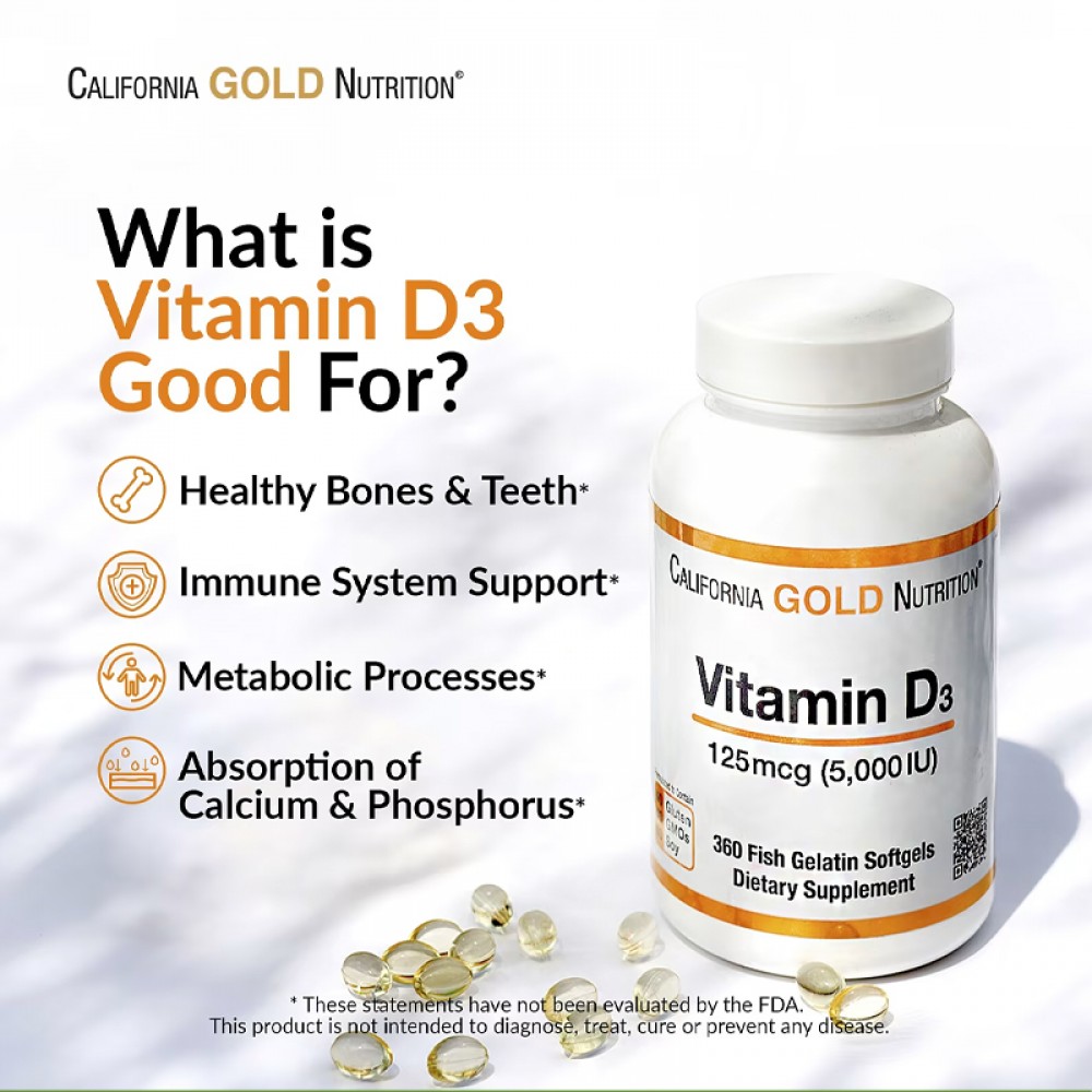 California Gold Nutrition, Vitamin D3, 125 mcg (5,000 IU), 90 Fish Gelatin Softgels