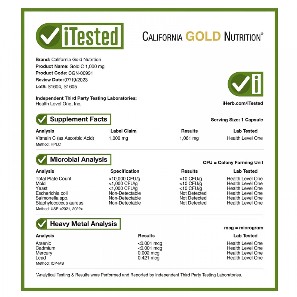 ، فيتامين سي ( ج)  من درجة دستور الأدوية الأمريكي (USP)، 1,000 ملجم، 60 كبسولة نباتية كاليفورنيا غولد نيوتريشن‏, Gold C