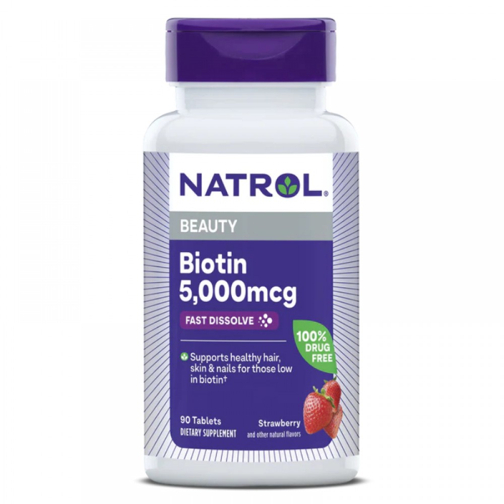 Natrol, Biotin, Fast Dissolve, Extra Strength, Strawberry, 5,000 mcg, 90 Tablets