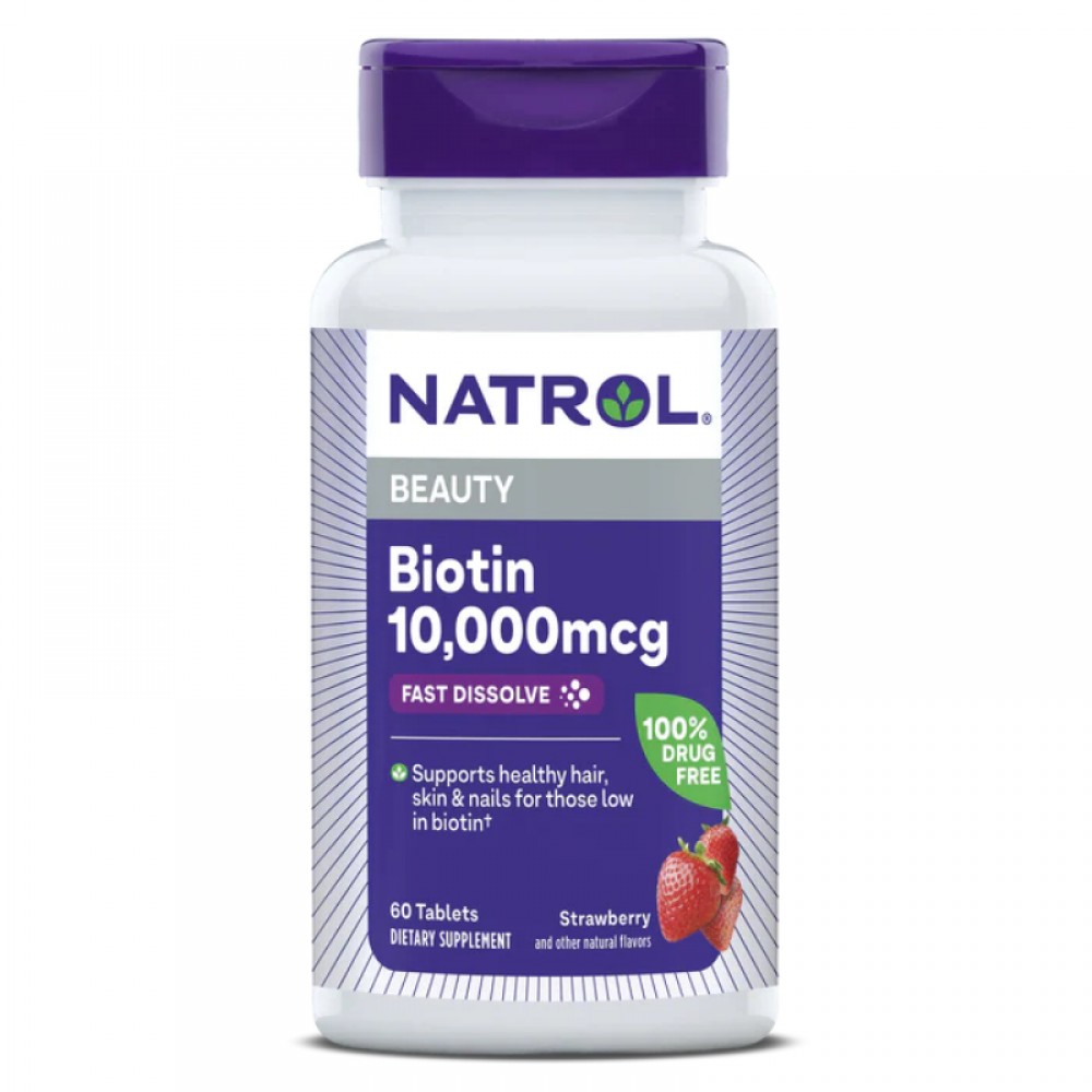 Natrol, Biotin, Fast Dissolve, Maximum Strength, Strawberry, 10,000 mcg, 60 Tablets