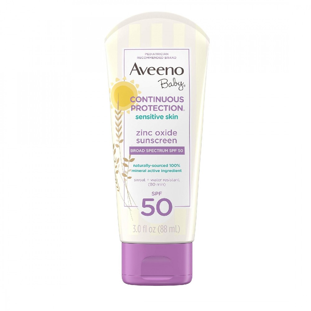 Aveeno Baby Sensitive Skin Continuous Protection Broad Spectrum SPF 50 Zinc Oxide Sunscreen Lotion 88 ml