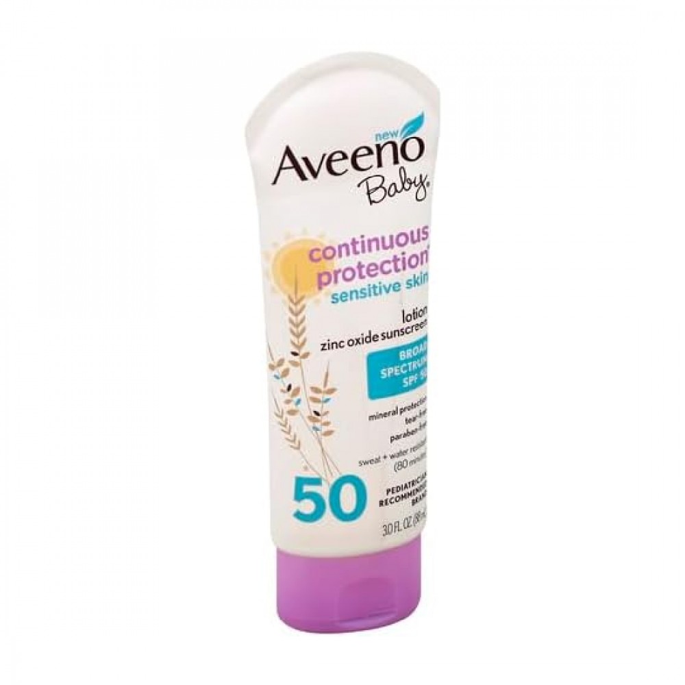 Aveeno Baby Sensitive Skin Continuous Protection Broad Spectrum SPF 50 Zinc Oxide Sunscreen Lotion 88 ml