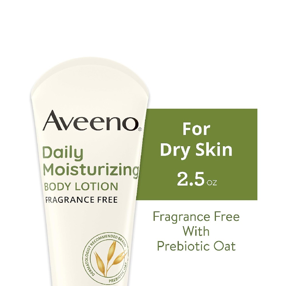 Aveeno Daily Moisturizing Body Lotion with Soothing Oat and Rich Emollients to Nourish Dry Skin, Fragrance-Free, 2.5 fl. oz