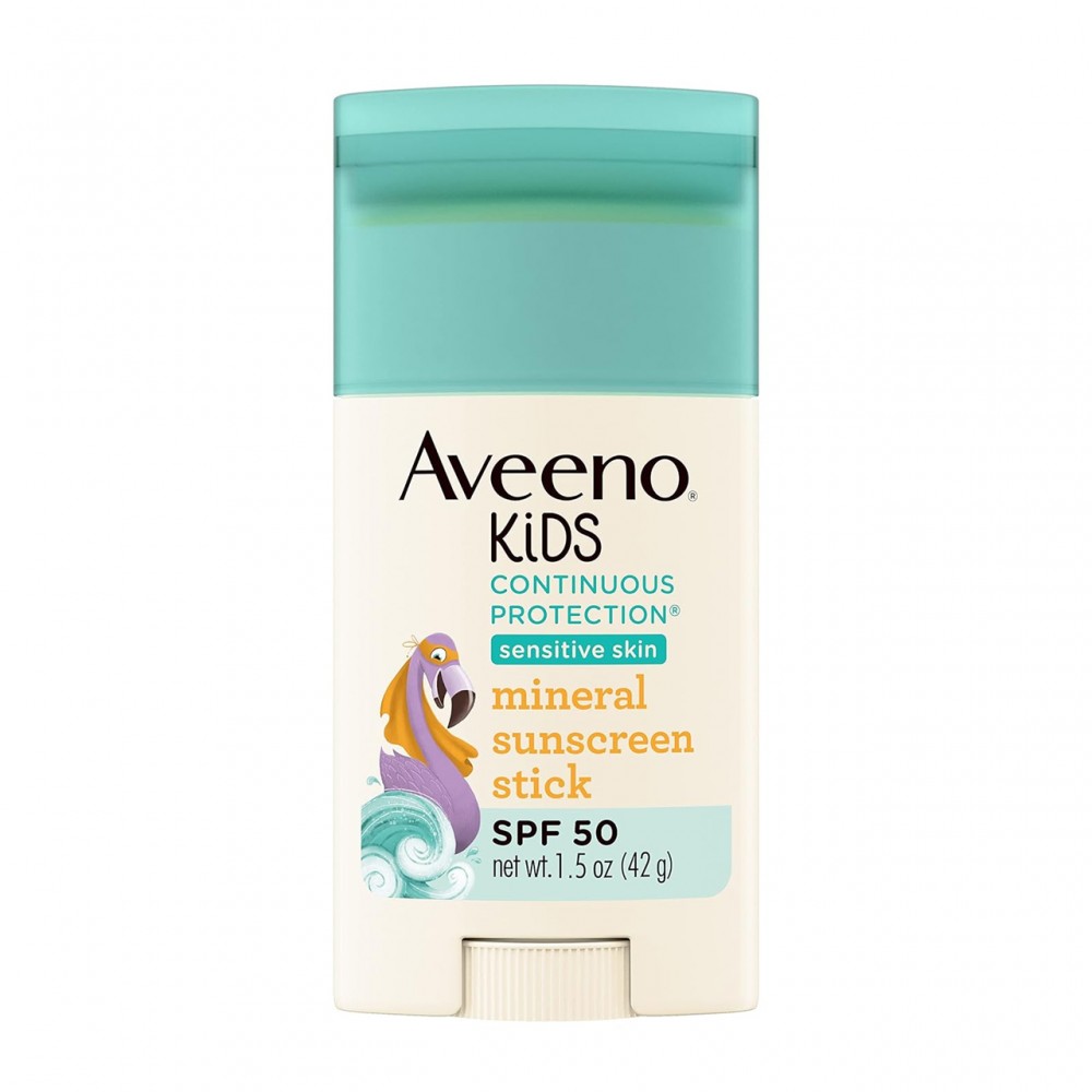 Aveeno Kids Continuous Protection Zinc Oxide Mineral Sunscreen Stick for Sensitive Skin, Face & Body Sunscreen Stick for Kids with Broad Spectrum SPF 50, Sweat- & Water-Resistant, 1.5 oz