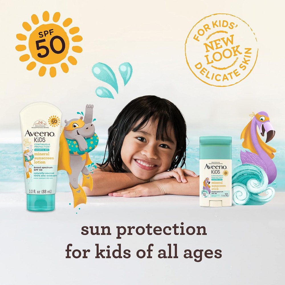 Aveeno Kids Continuous Protection Zinc Oxide Mineral Sunscreen Stick for Sensitive Skin, Face & Body Sunscreen Stick for Kids with Broad Spectrum SPF 50, Sweat- & Water-Resistant, 1.5 oz