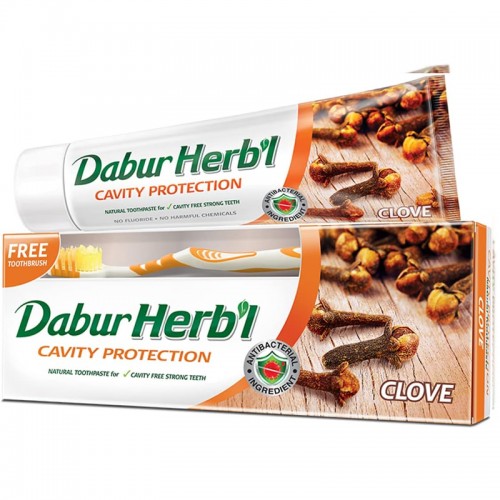 Dabur Herbal Cavity Protection Clove Toothpaste (150g + Toothbrush) | Enriched with Clove | Natural Toothpaste For Cavity Free Strong Teeth