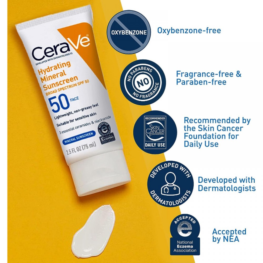 CeraVe 100% Mineral Sunscreen SPF 50 | Face Sunscreen 50 ml