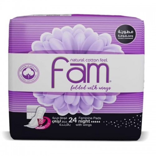 Fam - Night size sanitary napkins with wings, 24 pads