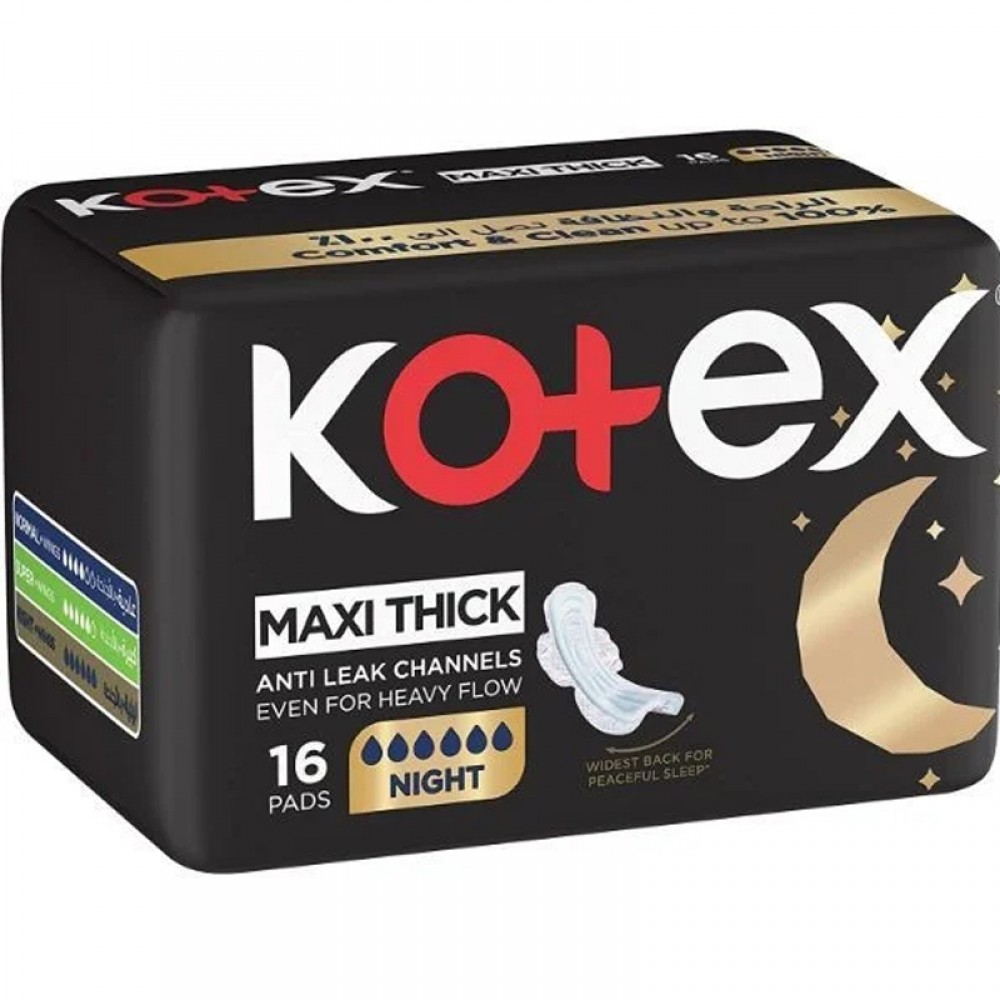 Kotex Maxi Protect Thick Pads, Overnight Protection Sanitary Pads with Wings, 16 Sanitary Pads