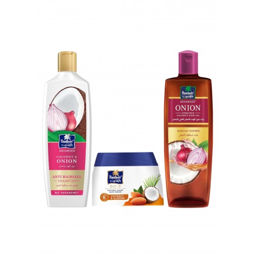 باراشوت شامبو 340 مل + زيت300 مل بالبصل وجوز الهند +كريم تصفيف الشعر بالوز وجوز الهند مضاد لتساقط الشعر  يقوي الشعر 