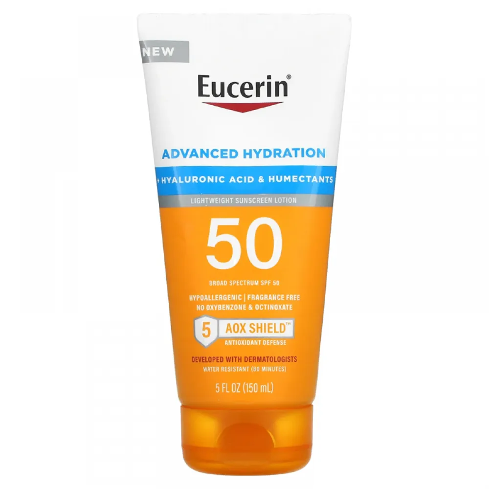 Eucerin, Advanced Hydration, Lightweight Sunscreen Lotion, SPF 50, Fragrance Free, 5 fl oz (150 ml)