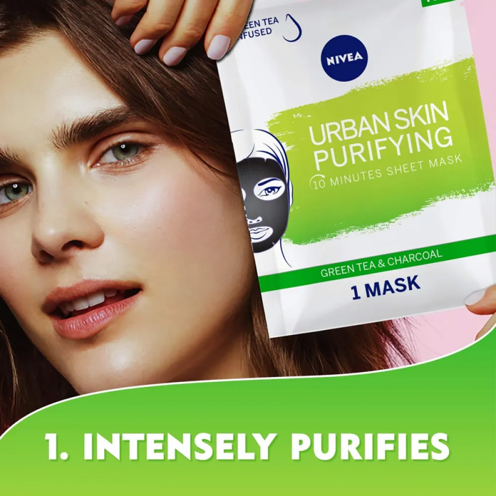 NIVEA Face Sheet Mask Puryfying, Urban Skin with Green Tea & Charcoal, 1 Mask