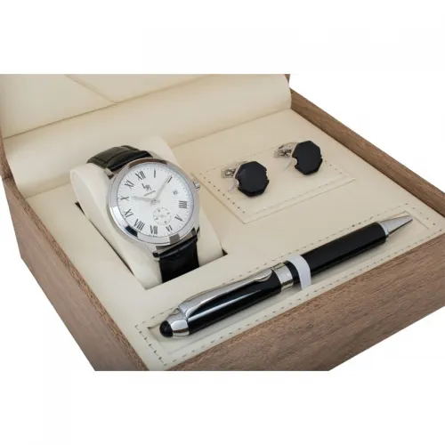 Black Leather Men's Watch Set Louis Rivet 23010 White Dial
