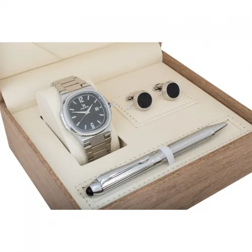 Louis Rivet Men's Watch Set 5181: Silver Band, Black Dial