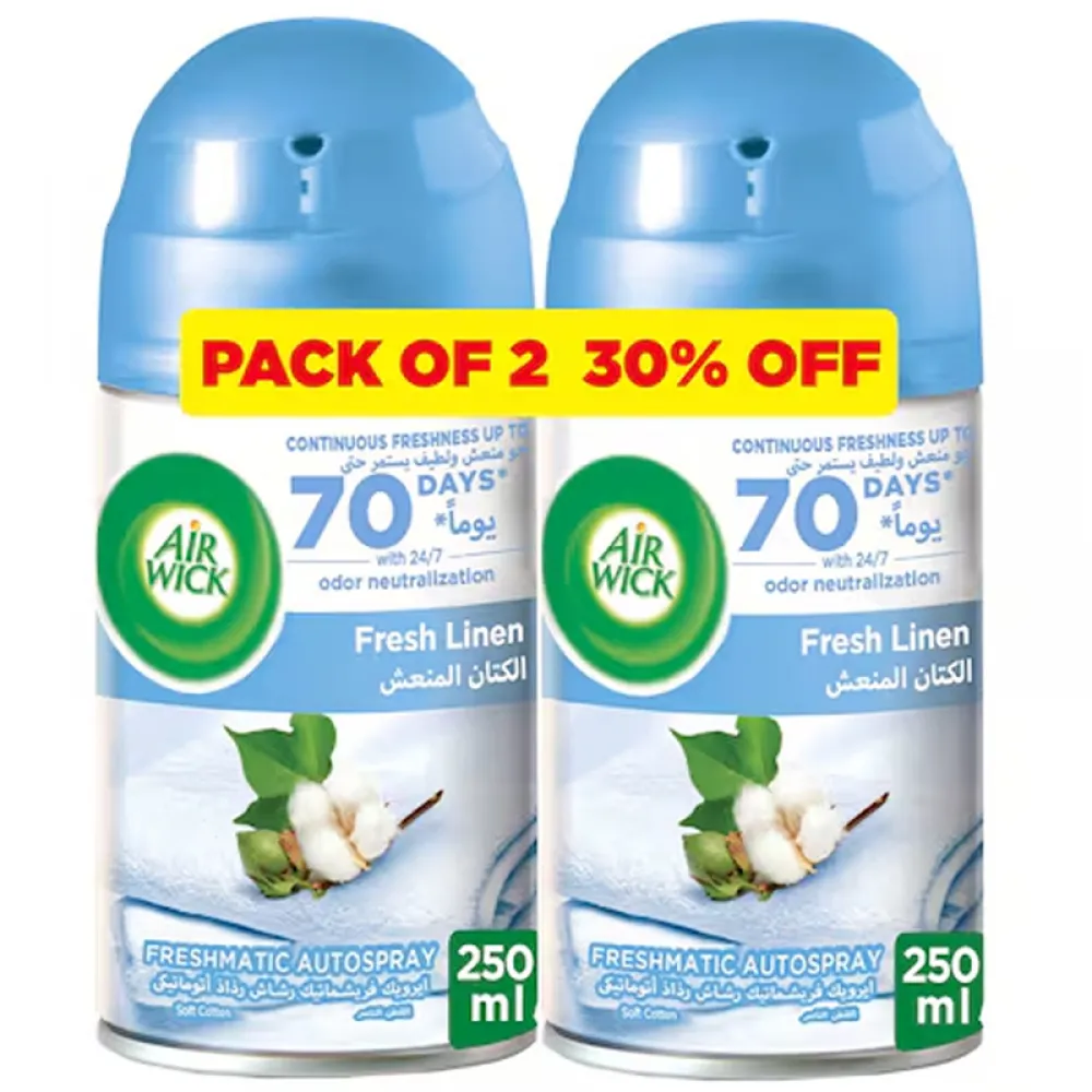 Air Wick Freshmatic Autospray Refill, Fresh Linen Fragrance, Eliminates Bad Odour like Cat Litter Smell, 250 ml (Pack of 2)