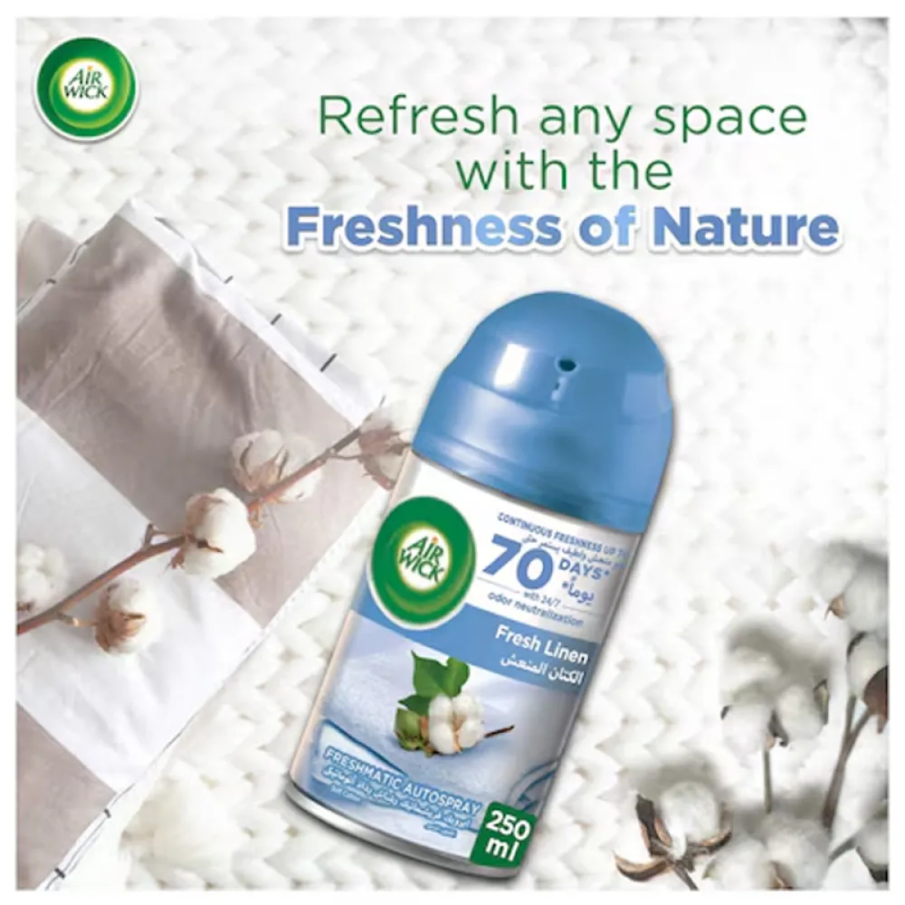 Air Wick Freshmatic Autospray Refill, Fresh Linen Fragrance, Eliminates Bad Odour like Cat Litter Smell, 250 ml (Pack of 2)