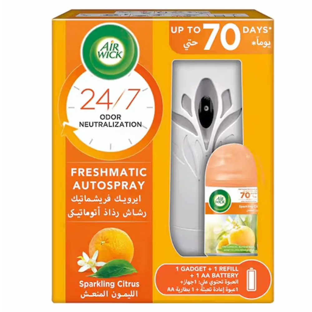 Air wick Air Freshener Freshmatic Auto Spray Sparkling Citrus Gadget and Refill, Eliminates Bad Odour like Cat Litter Smell, 250 ml