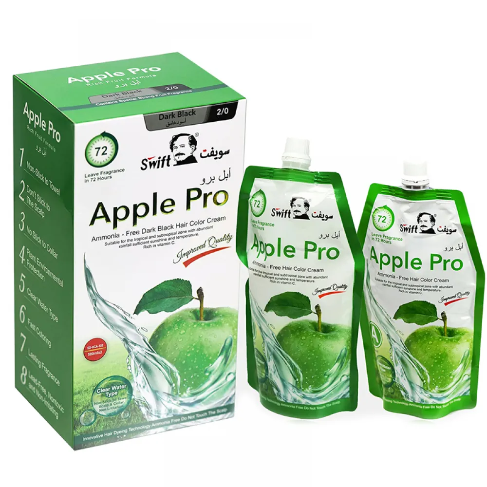 Swift Apple Pro Hair Dye Cream with 100% Gray Hair Coverage, Shade 2/0 Deep Black, 500 ml.