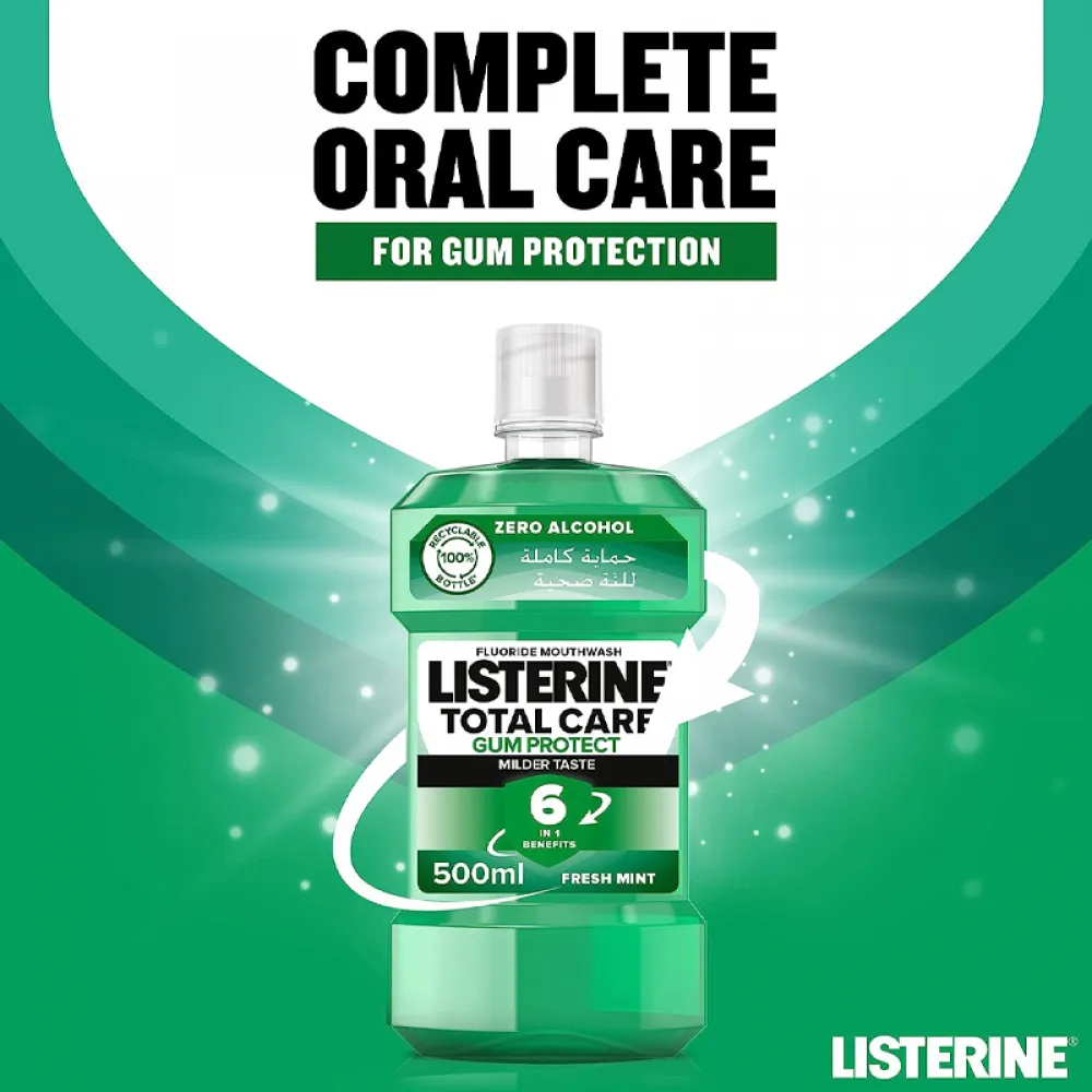 Listerine, Total Care, Gum Protect, 6 Benefit Fluoride Daily Mouthwash, MilderTaste, Fresh Mint, 500ml