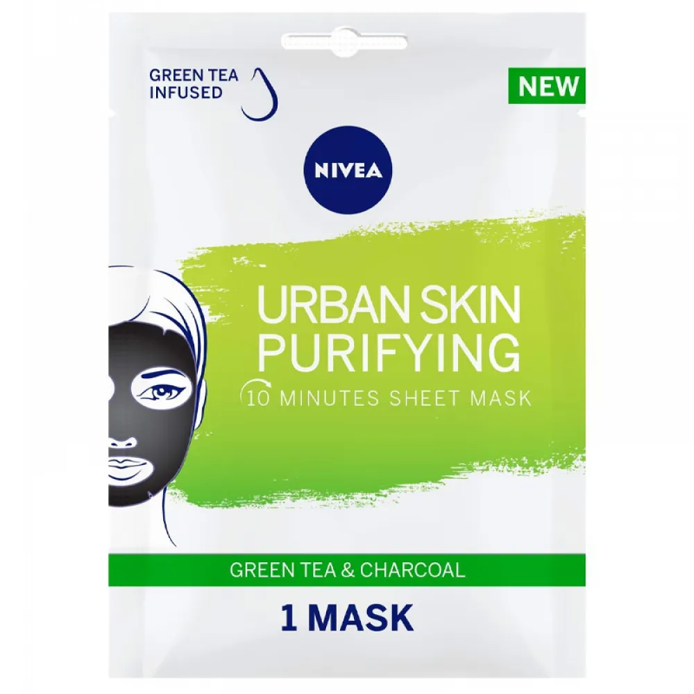 NIVEA Face Sheet Mask Puryfying, Urban Skin with Green Tea & Charcoal, 1 Mask