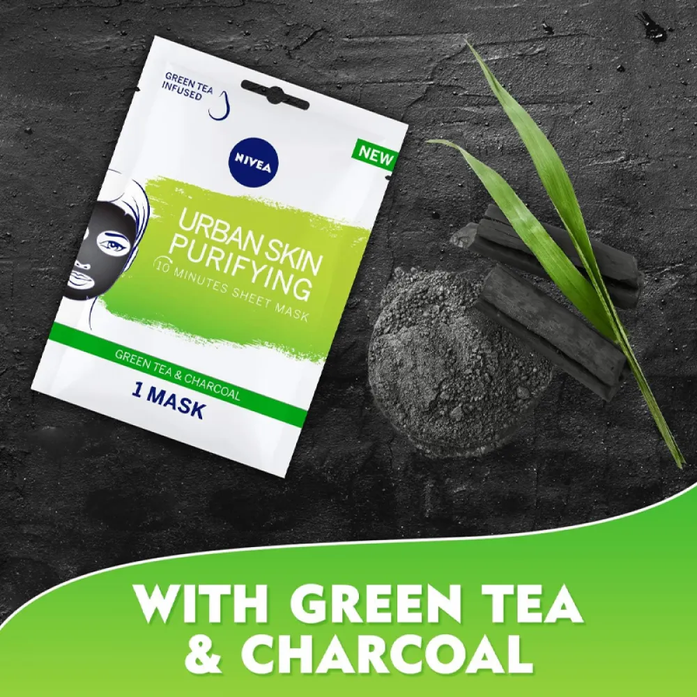 NIVEA Face Sheet Mask Puryfying, Urban Skin with Green Tea & Charcoal, 1 Mask