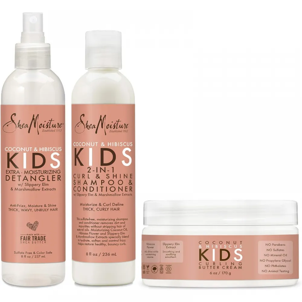 SheaMoisture Kids Shampoo, Detangler and Cream For Moisture and Shine Coconut and Hibiscus Sulfate Free Kids Shampoo and Conditioner, 3.0 Count, White