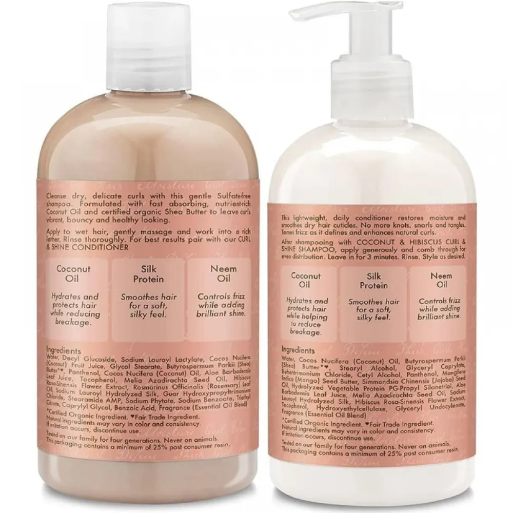 Shea Moisture Shampoo and Conditioner Set, Coconut & Hibiscus Curl & Shine, Curly Hair Products with Coconut Oil, Vitamin E & Neem Oil Provides Frizz Control, 13 Fl Oz Each