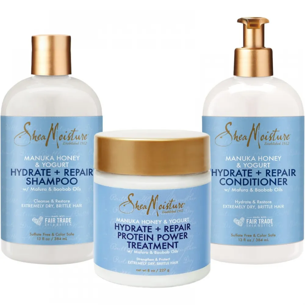 Shea Moisture Shampoo and Conditioner Set 13 Fl Oz Ea Bundled with Protein Power Treatment 8 Fl Oz. Manuka Honey & Yogurt Hydrate + Repair Hair, Vitamin C, Sulfate Free & Hair Color Safe
