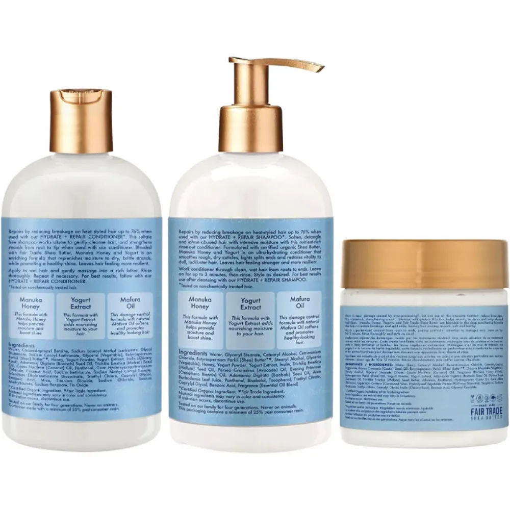 Shea Moisture Shampoo and Conditioner Set 13 Fl Oz Ea Bundled with Protein Power Treatment 8 Fl Oz. Manuka Honey & Yogurt Hydrate + Repair Hair, Vitamin C, Sulfate Free & Hair Color Safe