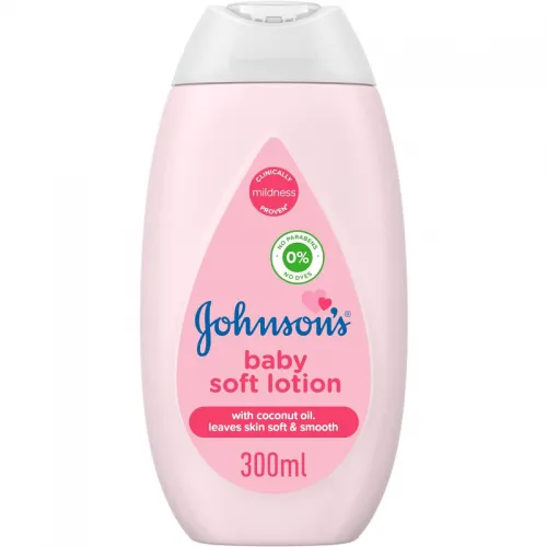 جونسون بيبي لوشن الأطفال الناعم المثبت معمليًا 300 مل، لوشن مرطب ومغذي لطيف للأطفال، غني بزيت جوز الهند والجلسرين، لا يسبب الحساسية وخالي من المكونات القاسية على الأطفال