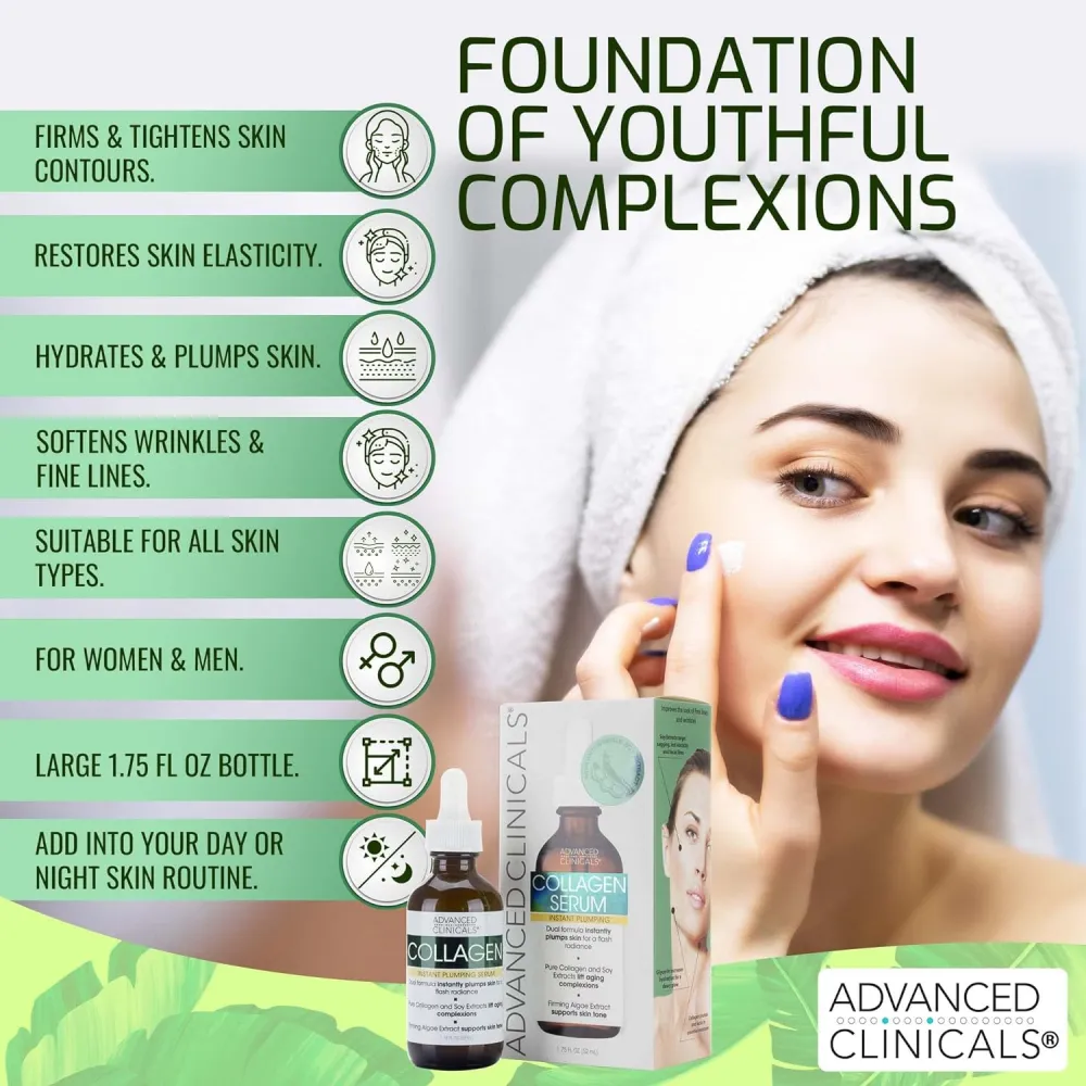 Advanced Clinicals Collagen Face Serum Skin Care Anti Aging Moisturizer For Skin Tightening, Brightening & Hydrating. Facial Collagen Peptide Booster Helps Smooth & Plump Dry Skin 52mil