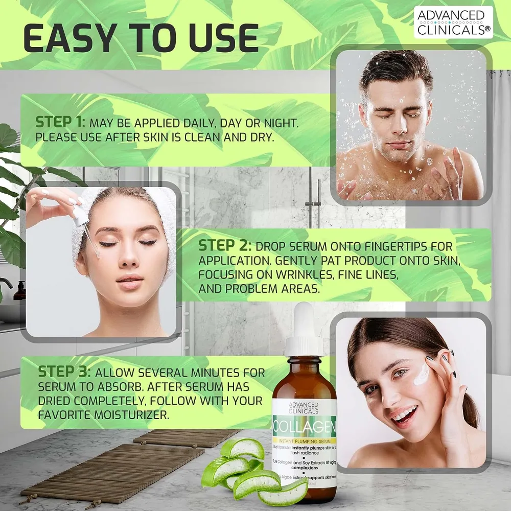 Advanced Clinicals Collagen Face Serum Skin Care Anti Aging Moisturizer For Skin Tightening, Brightening & Hydrating. Facial Collagen Peptide Booster Helps Smooth & Plump Dry Skin 52mil