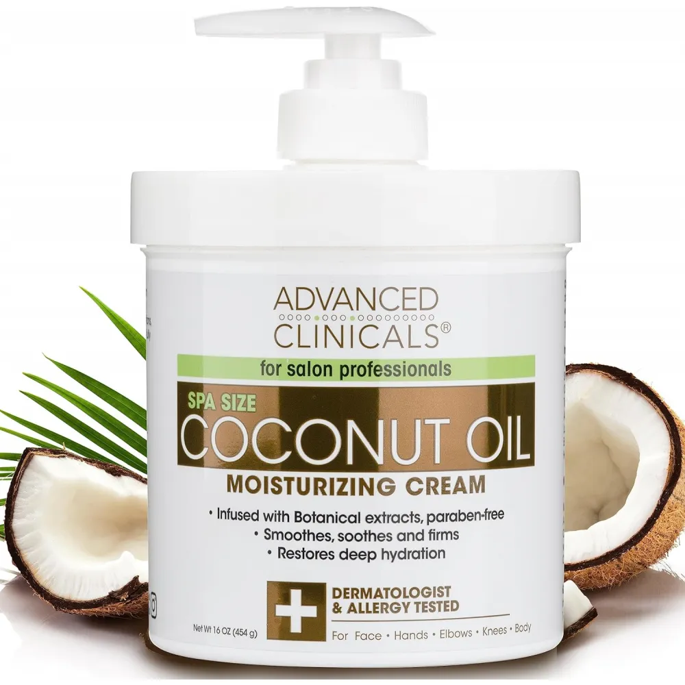 Advanced Clinicals Coconut Oil Cream. Spa size 16oz Moisturizing Cream. Coconut Oil for Face, Hands, Hair.
