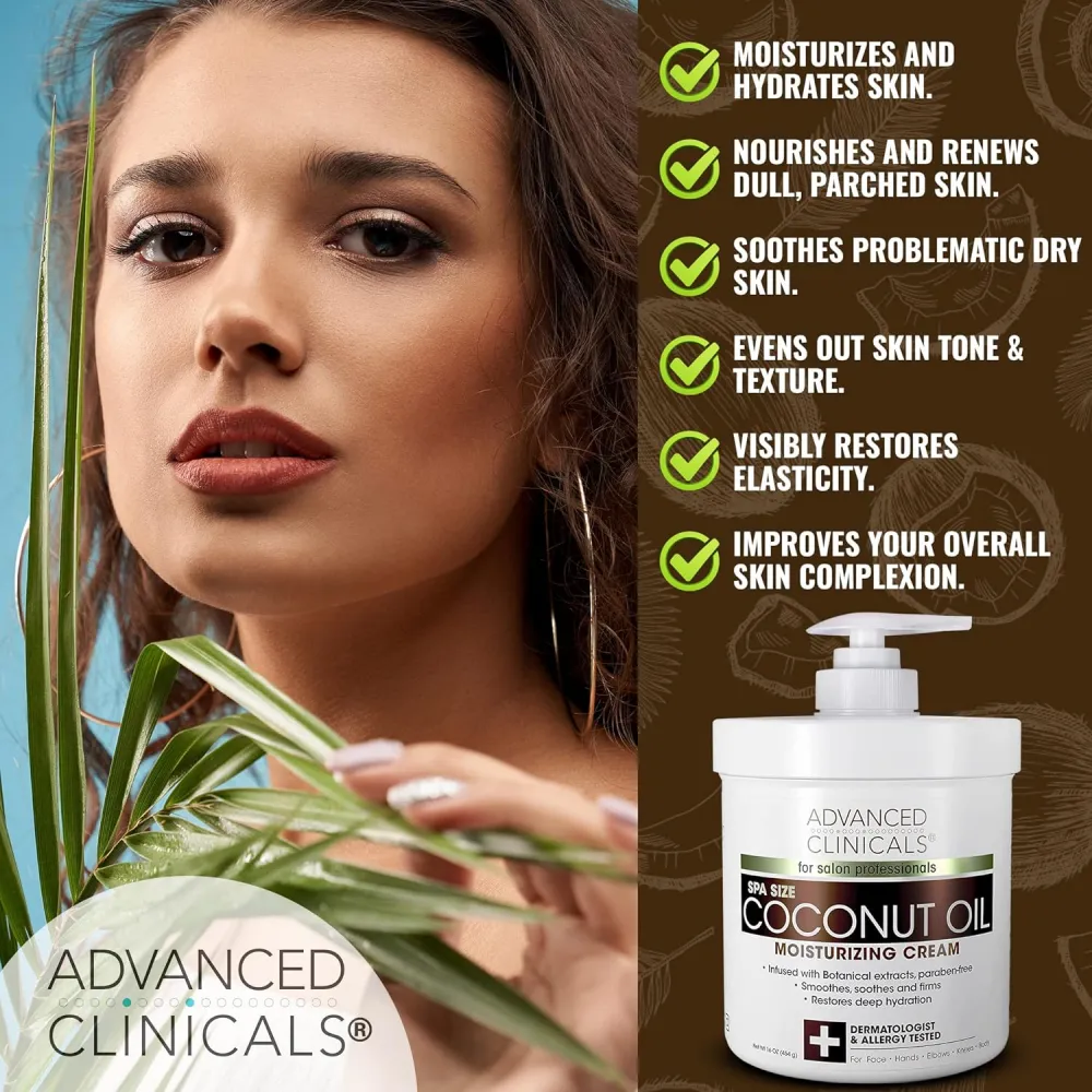 Advanced Clinicals Coconut Oil Cream. Spa size 16oz Moisturizing Cream. Coconut Oil for Face, Hands, Hair.