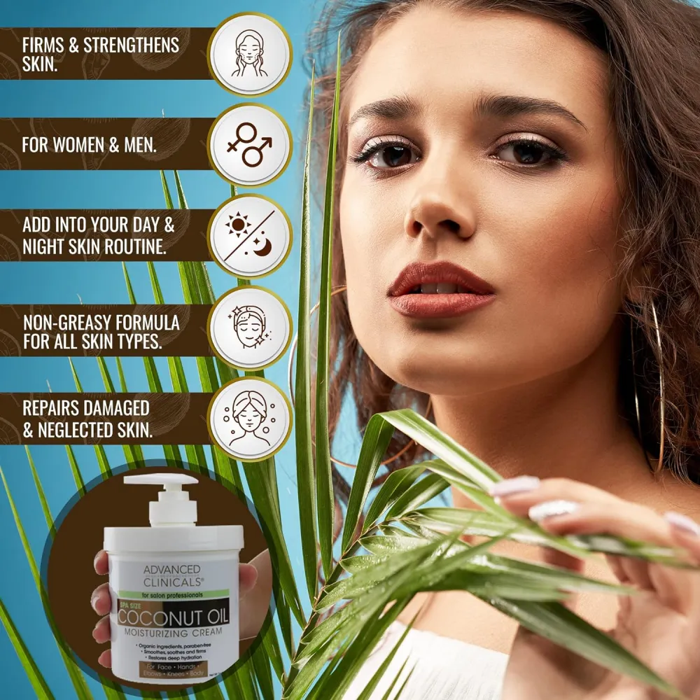 Advanced Clinicals Coconut Oil Cream. Spa size 16oz Moisturizing Cream. Coconut Oil for Face, Hands, Hair.