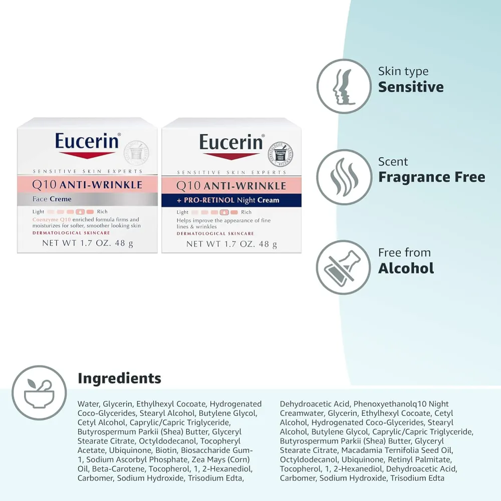 Eucerin Q10 Anti Wrinkle Face Cream Bundle, Day Cream and Night Cream For Face, 1.7 Ounce (Pack of 2)